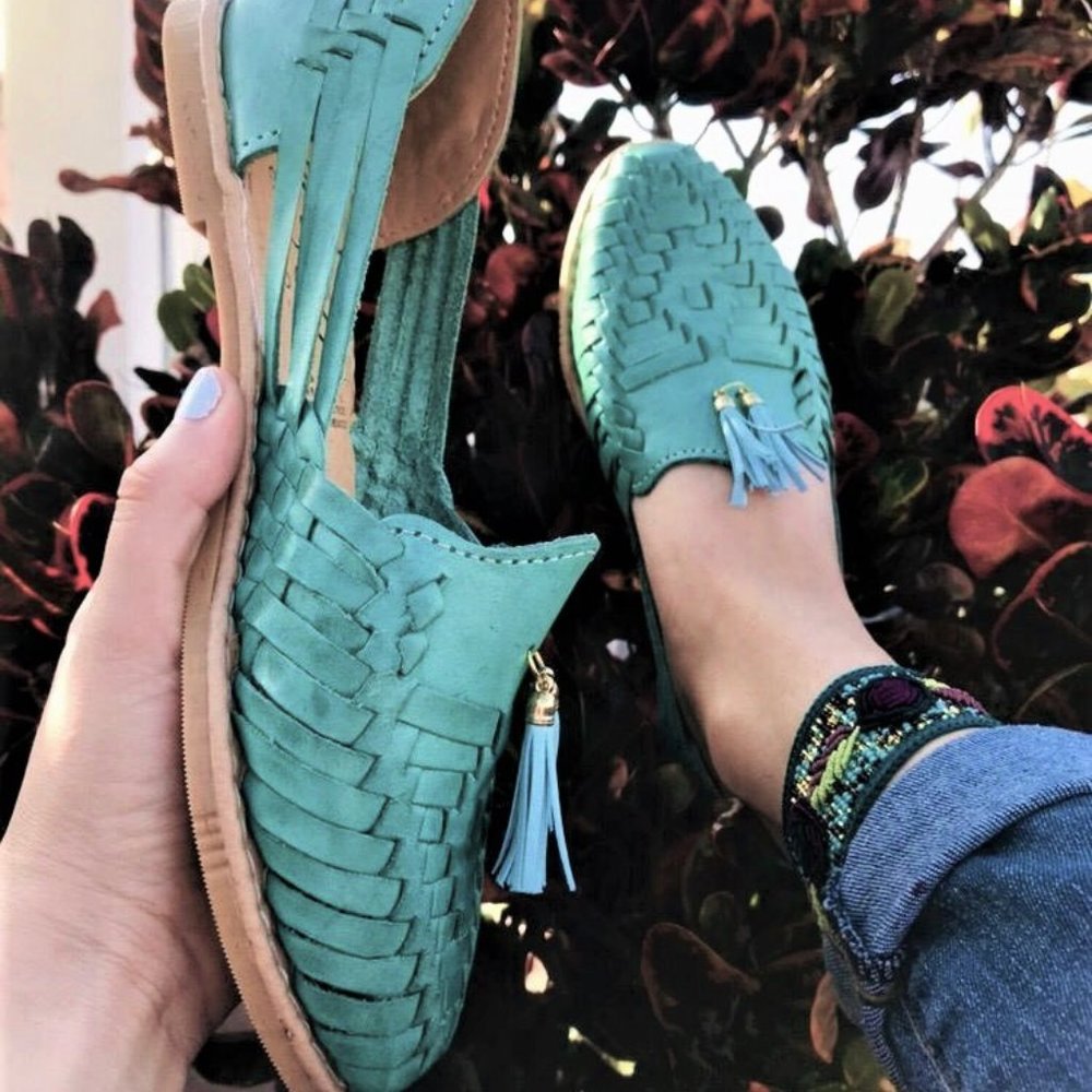 Artisan Mexican Leather Huaraches (Green/Mint Colo